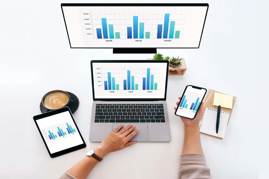 monitor, tablet, laptop and mobile device showing the same content on all of their screens